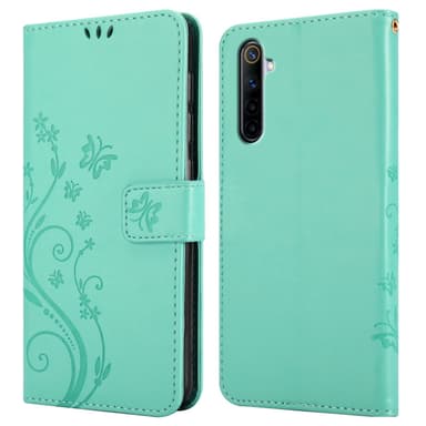 Realme 6 4G / 6s lommebokdeksel Blomster (turkis)