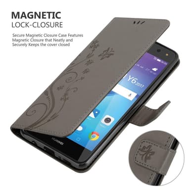 Huawei Y5 2017 / Y6 2017 lommebokdeksel Blomster (grå)