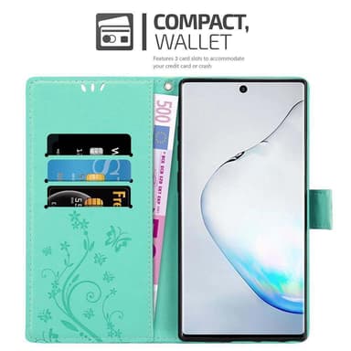 Samsung Galaxy NOTE 10 lommebokdeksel Blomster (turkis)