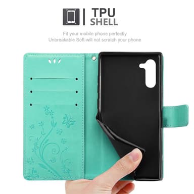 Samsung Galaxy NOTE 10 lommebokdeksel Blomster (turkis)