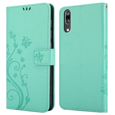 Huawei P20 lommebokdeksel Blomster (turkis)