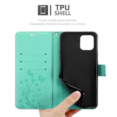 iPhone 12 / 12 PRO lommebokdeksel Blomster (turkis)