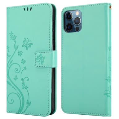 iPhone 12 / 12 PRO lommebokdeksel Blomster (turkis)