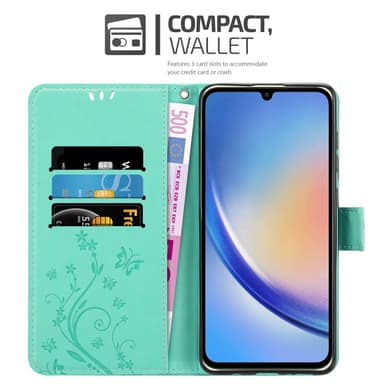 Samsung Galaxy A34 5G lommebokdeksel Blomster (Turkis)