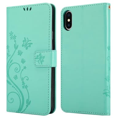 iPhone XS MAX lommebokdeksel Blomster (turkis)
