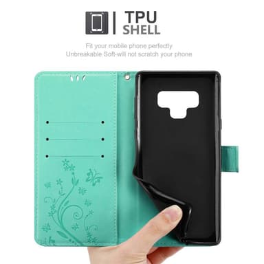 Samsung Galaxy NOTE 9 lommebokdeksel Blomster (turkis)