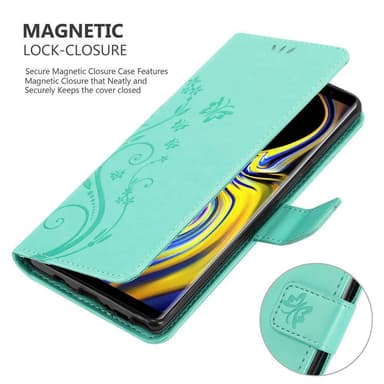 Samsung Galaxy NOTE 9 lommebokdeksel Blomster (turkis)