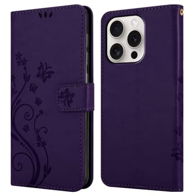 iPhone 15 PRO lommebokdeksel Blomster (Lilla)