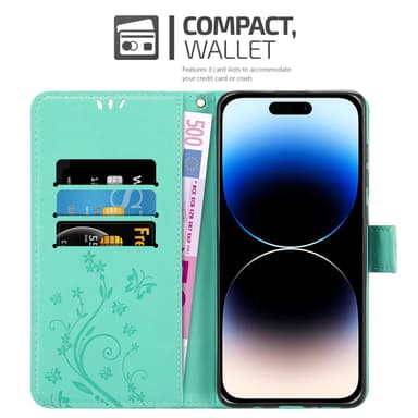 iPhone 14 PRO MAX lommebokdeksel Blomster (turkis)
