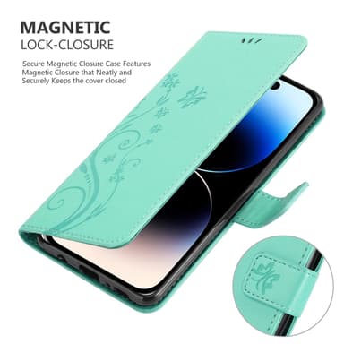 iPhone 14 PRO MAX lommebokdeksel Blomster (turkis)