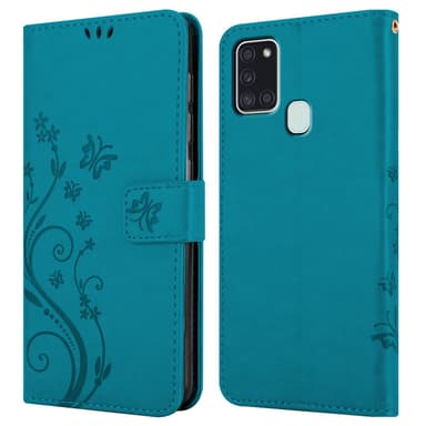 Samsung Galaxy A21s lommebokdeksel Blomster (blå)