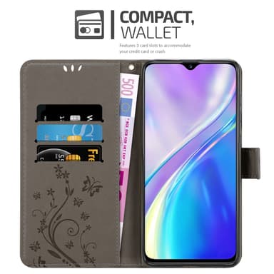 Realme X2 / XT / Oppo K5 lommebokdeksel Blomster (grå)