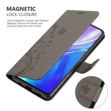 Realme X2 / XT / Oppo K5 lommebokdeksel Blomster (grå)