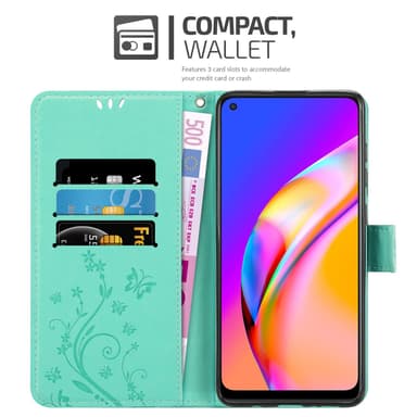 Oppo A94 5G lommebokdeksel Blomster (turkis)