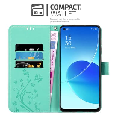 Oppo Reno6 5G lommebokdeksel Blomster (turkis)