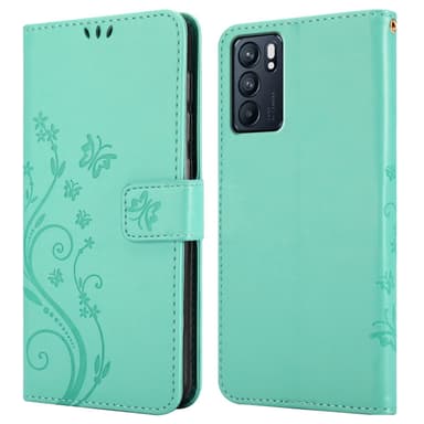 Oppo Reno6 5G lommebokdeksel Blomster (turkis)
