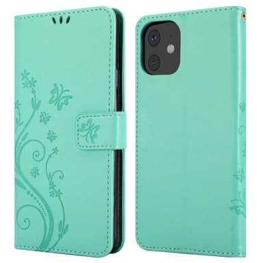 iPhone 11 lommebokdeksel Blomster (turkis)