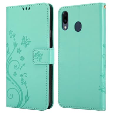 Samsung Galaxy M20 lommebokdeksel Blomster (turkis)