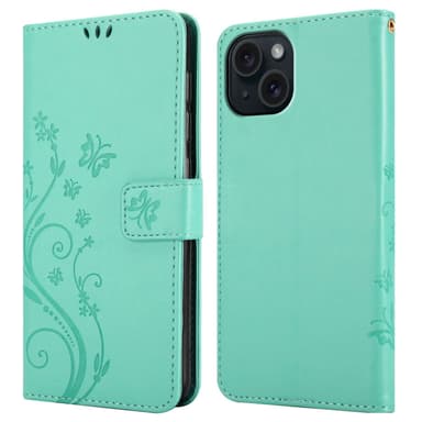 iPhone 15 lommebokdeksel Blomster (Turkis)