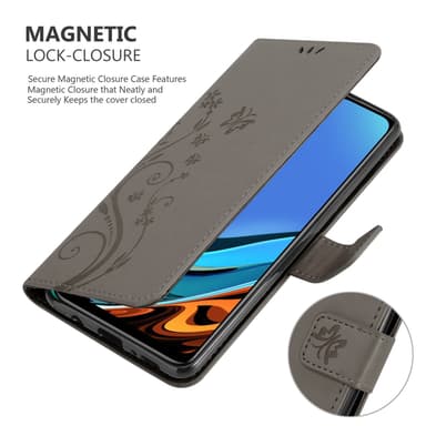 Xiaomi RedMi 9T / POCO M3 lommebokdeksel Blomster (grå)