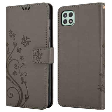Samsung Galaxy A22 5G lommebokdeksel Blomster (grå)