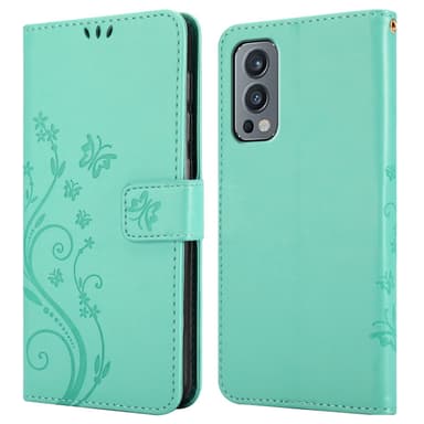 OnePlus Nord 2 5G lommebokdeksel Blomster (turkis)