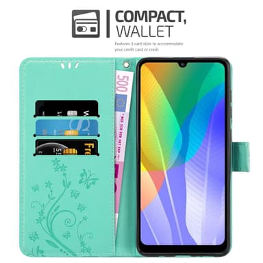 Huawei Y6P lommebokdeksel Blomster (turkis)