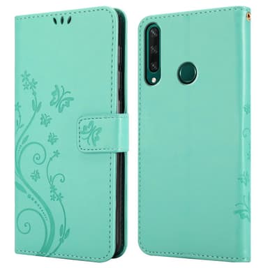 Huawei Y6P lommebokdeksel Blomster (turkis)
