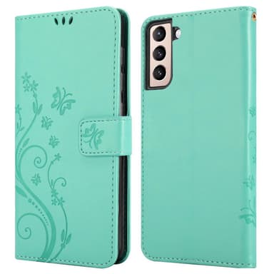Samsung Galaxy S21 5G lommebokdeksel Blomster (turkis)