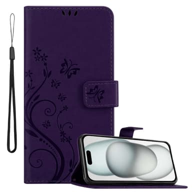 iPhone 15 PLUS lommebokdeksel Blomster (Lilla)