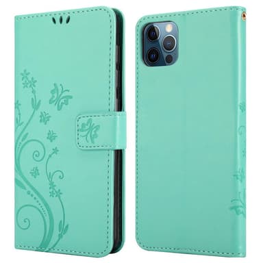 iPhone 12 PRO MAX lommebokdeksel Blomster (turkis)