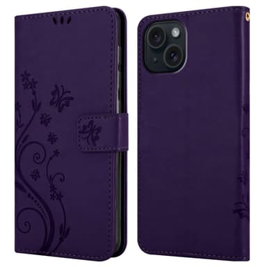 iPhone 15 lommebokdeksel Blomster (Lilla)
