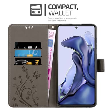 Xiaomi 11T / 11T PRO lommebokdeksel Blomster (grå)