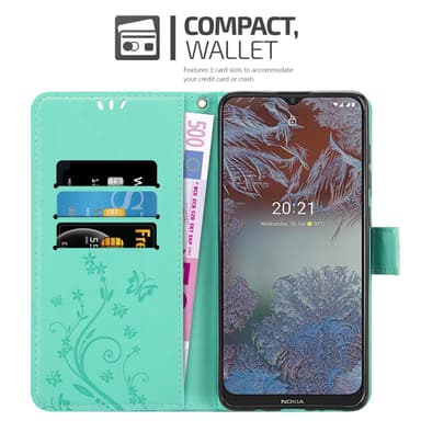 Nokia G10 / G20 lommebokdeksel Blomster (turkis)