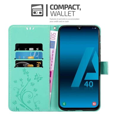 Samsung Galaxy A40 lommebokdeksel Blomster (turkis)