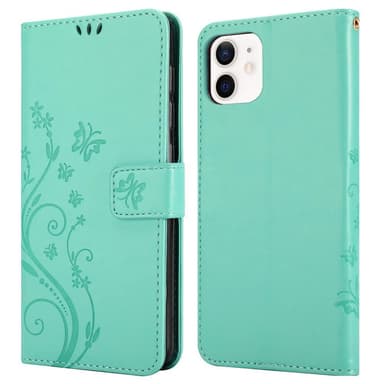 iPhone 12 MINI lommebokdeksel Blomster (turkis)