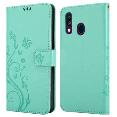 Samsung Galaxy A40 lommebokdeksel Blomster (turkis)