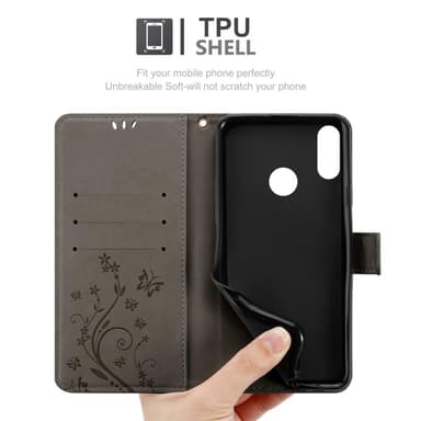 Huawei Y9 2019 lommebokdeksel Blomster (grå)