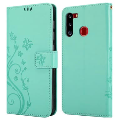 Samsung Galaxy A21 lommebokdeksel Blomster (turkis)