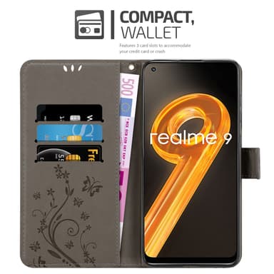 Realme 9 4G / 9 PRO+ lommebokdeksel Blomster (grå)