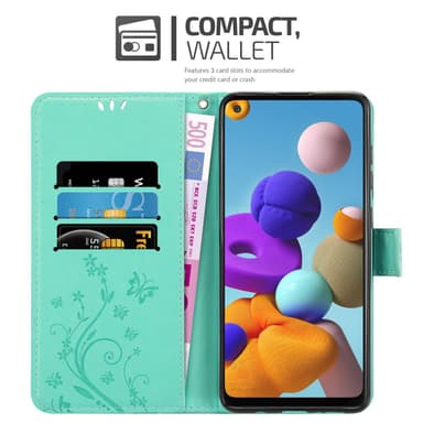 Samsung Galaxy A21s lommebokdeksel Blomster (turkis)