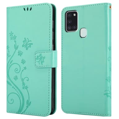 Samsung Galaxy A21s lommebokdeksel Blomster (turkis)