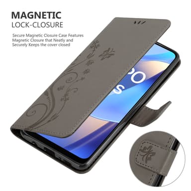 Oppo A16s / A54s lommebokdeksel Blomster (grå)
