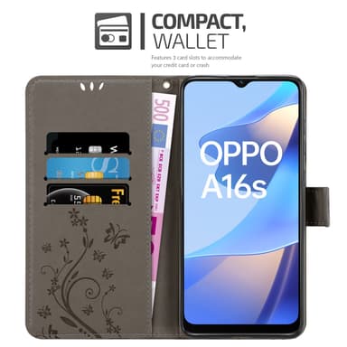 Oppo A16s / A54s lommebokdeksel Blomster (grå)