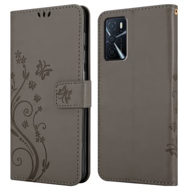Oppo A16s / A54s lommebokdeksel Blomster (grå)