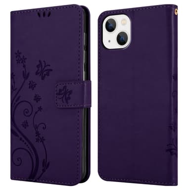 iPhone 14 PLUS lommebokdeksel Blomster (lilla)