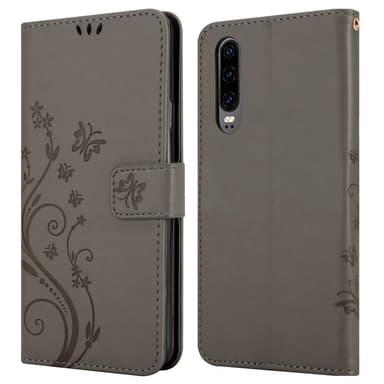 Huawei P30 lommebokdeksel Blomster (grå)
