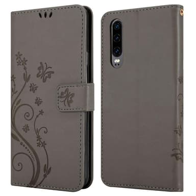 Huawei P30 lommebokdeksel Blomster (grå)
