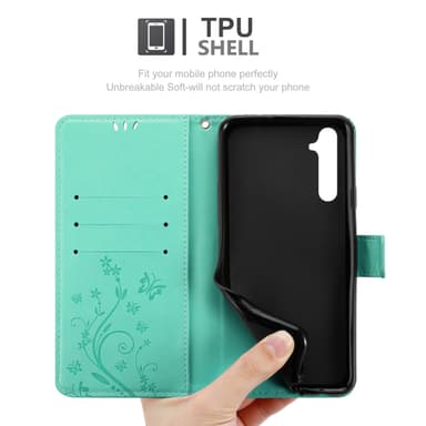 Realme 6 PRO lommebokdeksel Blomster (turkis)