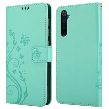 Realme 6 PRO lommebokdeksel Blomster (turkis)